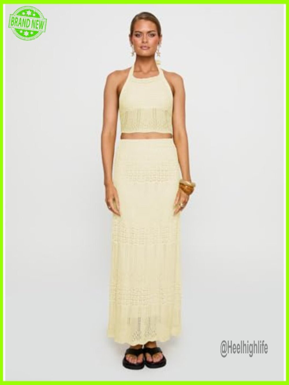 Crochet Knit Skirt Set, Halter Crop Top, Maxi Skirt, Hand Wash Only - Picture 5 of 7